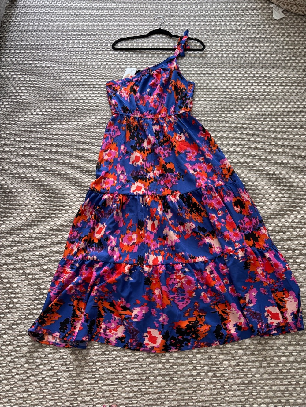 One-Shoulder Floral Tiered Maxi Dress in Blue and Pink
